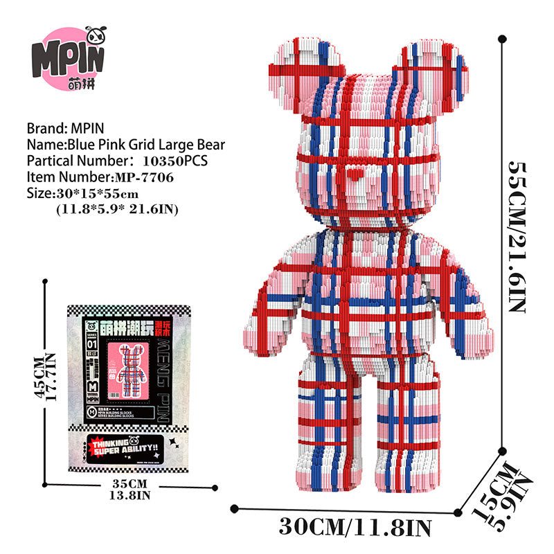 【55cm】M7706 Blue Pink Grid Large Bear