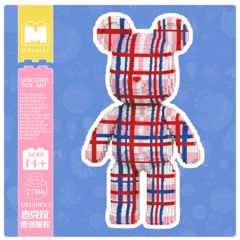 【55cm】M7706 Blue Pink Grid Large Bear