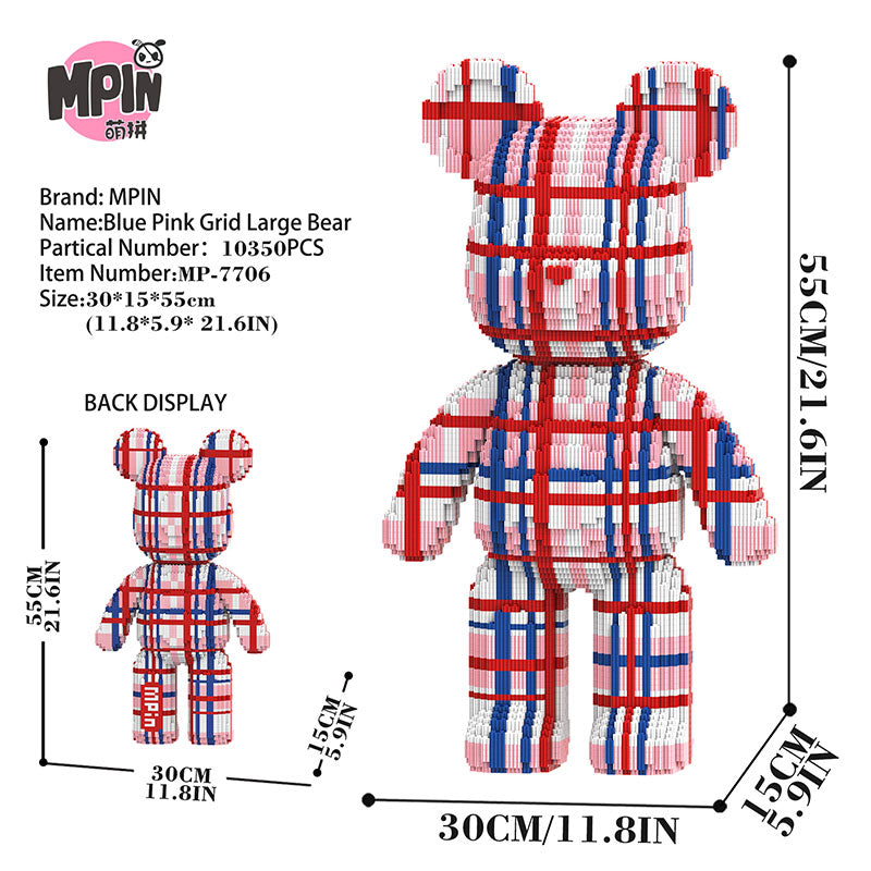【55cm】M7706 Blue Pink Grid Large Bear